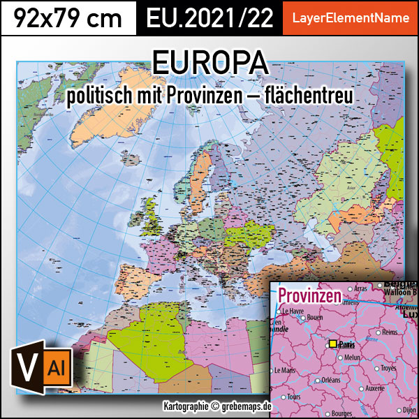 Europa Landkarte politisch mit Provinzen flächentreu Vektorkarte