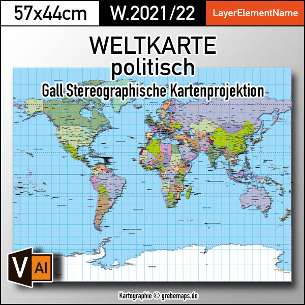 Weltkarte politisch – Gall Stereographisch Kartenprojektion – ebenen-separierte editierbare Vektorkarte für Illustrator zum Download