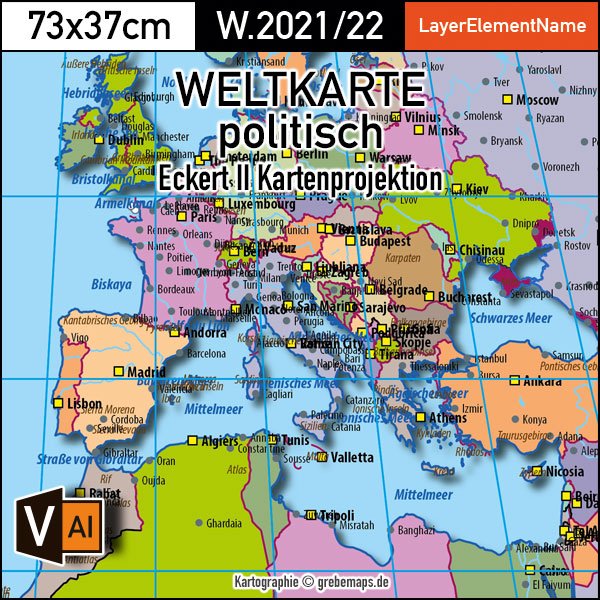 Weltkarte politisch - Eckert II Kartenprojektion - ebenen-separierte editierbare Vektorkarte für Illustrator zum Download, Weltkarte politisch Vektor-Download Eckert II, Weltkarte zum bearbeiten