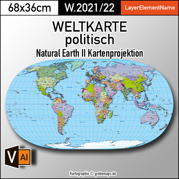 Weltkarte politisch – Natural Earth II Kartenprojektion – ebenen-separierte editierbare Vektorkarte für Illustrator zum Download