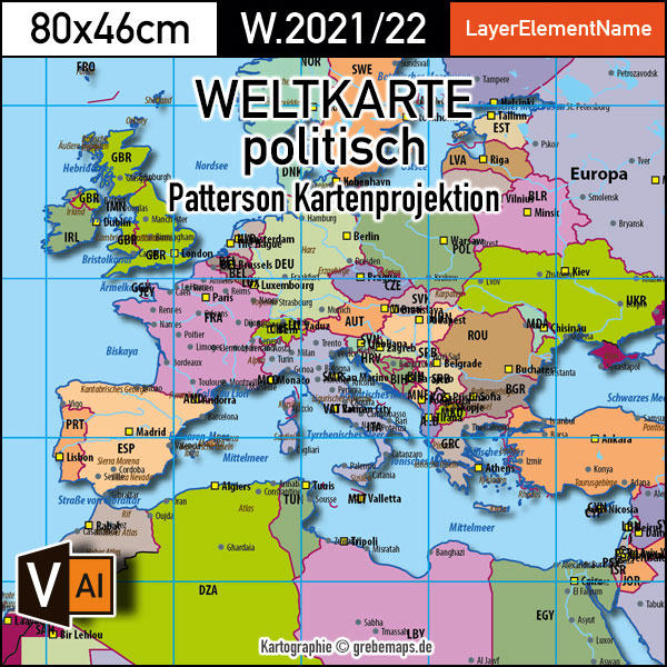 Weltkarte politisch - Patterson Kartenprojektion - ebenen-separierte editierbare Vektorkarte für Illustrator zum Download, Weltkarte Patterson, Weltkarte bearbeitbar, Weltkarte zum Bearbeiten, Weltkarte für Illustrator Vektor-Download
