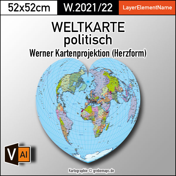 Weltkarte politisch – Werner Kartenprojektion (Herzform) – ebenen-separierte editierbare Vektorkarte für Illustrator zum Download