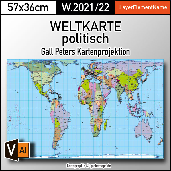 Weltkarte politisch – Gall Peters Kartenprojektion – Vektordatei ebenen-separierte editierbare Vektor-Karte für Illustrator zum Download
