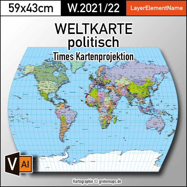 Weltkarte politisch – Times Kartenprojektion – Vektordatei ebenen-separierte editierbare Vektor-Karte für Illustrator zum Download