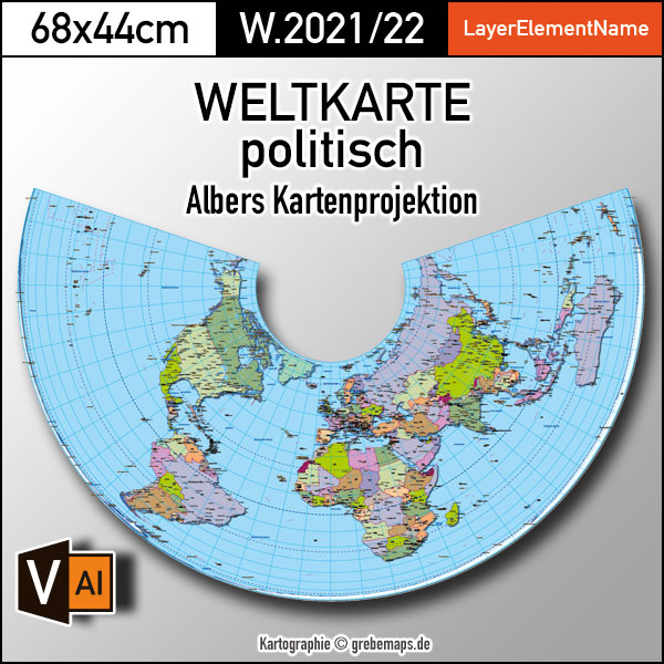 Weltkarte politisch – Albers Kartenprojektion – Vektordatei ebenen-separierte editierbare Vektor-Karte für Illustrator zum Download