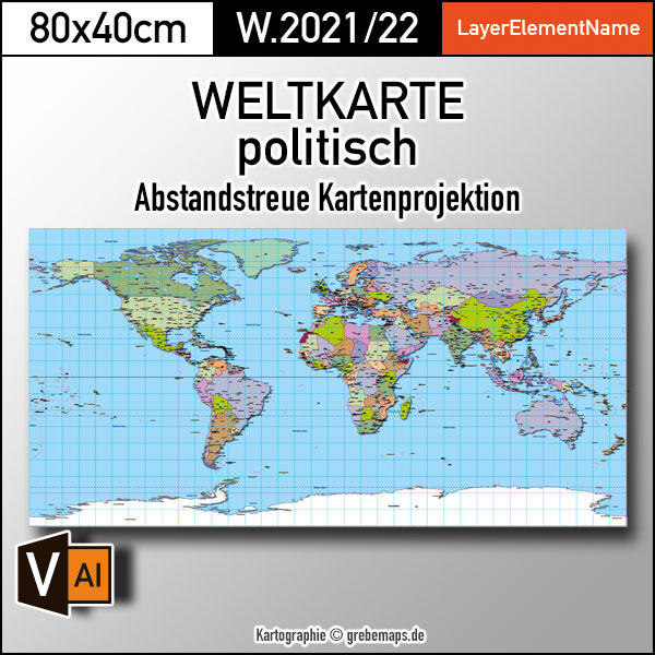 Weltkarte politisch – Abstandtreue Kartenprojektion – Vektordatei ebenen-separierte editierbare Vektor-Karte für Illustrator zum Download