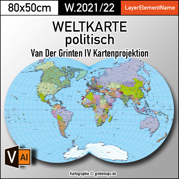 Weltkarte politisch – Van der Grinten IV Kartenprojektion – Vektordatei ebenen-separierte editierbare Vektor-Karte für Illustrator zum Download