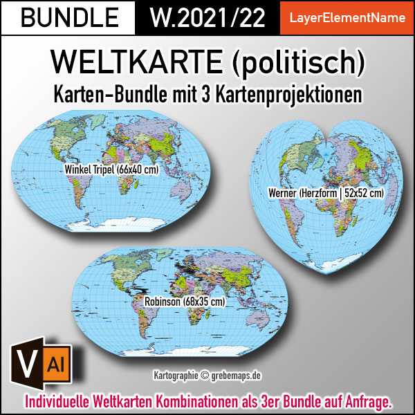 Weltkarte politisch Vektordatei für Illustrator download ebenen-separiert editierbar bearbeitbar beschriftet (3er Karten-BUNDLE)