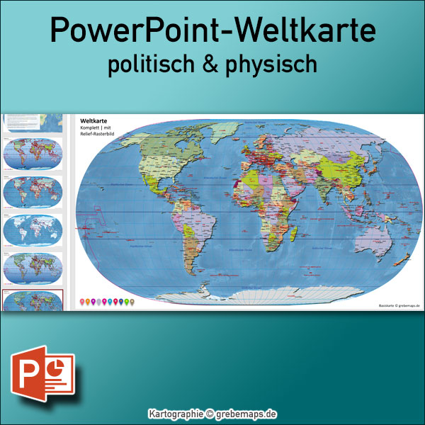 PowerPoint-Weltkarte politisch und physisch mit Ländern zum Einfärben und Bearbeiten