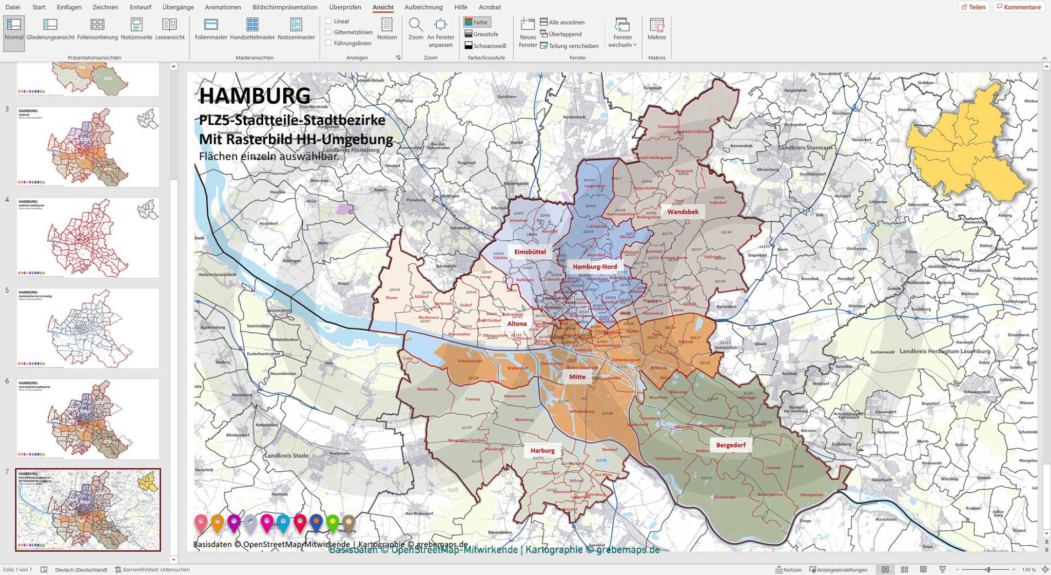 PowerPointKarte Hamburg mit StadtbezirkenStadtteilenPostleitzahlen PLZ5 (5stellig