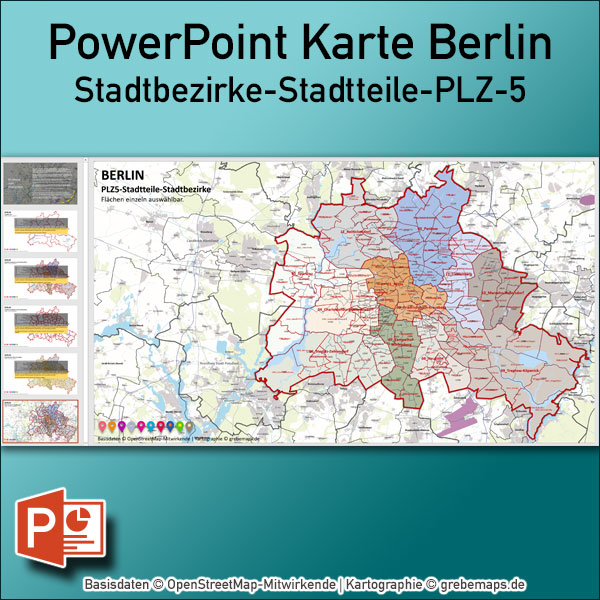PowerPoint-Karte Berlin mit Stadtbezirken-Stadtteilen-Postleitzahlen PLZ5 (5-stellig)