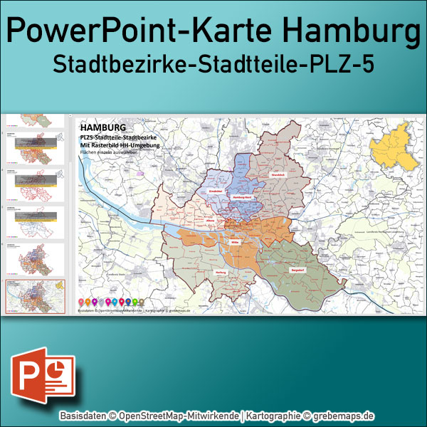 PowerPoint-Karte Hamburg mit Stadtbezirken-Stadtteilen-Postleitzahlen PLZ5 (5-stellig)