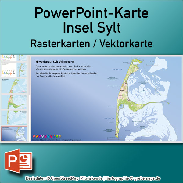 PowerPoint-Karte Sylt – Rasterkarten / Basiskarte aus Vektordaten ebenen-separiert editierbar – mit Deutschlandkarte