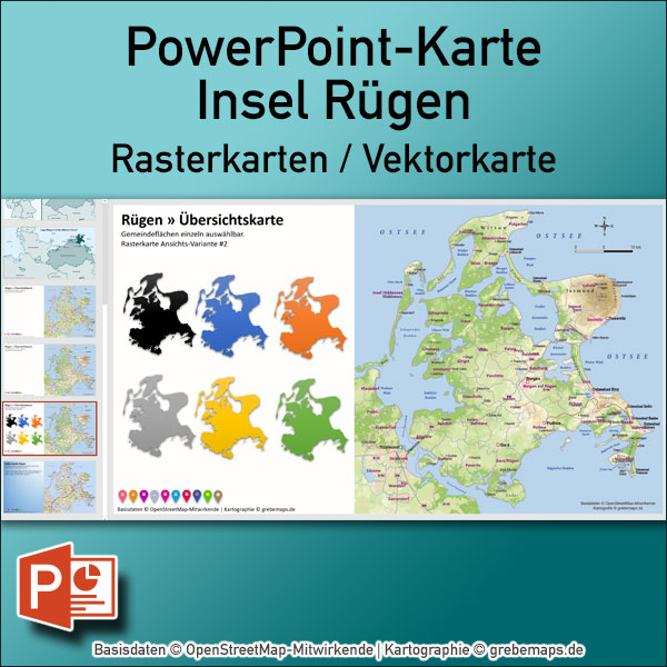 PowerPoint-Karte Rügen – Rasterkarten / Basiskarte aus Vektordaten ebenen-separiert editierbar – mit Deutschlandkarte