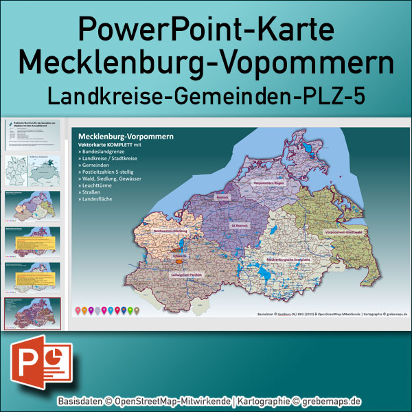 PowerPoint-Karte Mecklenburg-Vorpommern Gemeinden Landkreise Postleitzahlen PLZ-5 / Basiskarte Meck-Pom MV aus Vektordaten einfärbbar bearbeitbar – mit Deutschlandkarte
