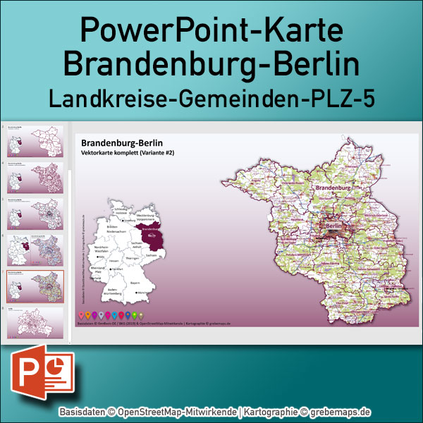 PowerPoint-Karte Brandenburg-Berlin Gemeinden Landkreise Postleitzahlen PLZ-5 / Basiskarte aus Vektordaten einfärbbar bearbeitbar – mit Deutschlandkarte