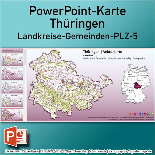 PowerPoint-Karte Thüringen Gemeinden Landkreise Postleitzahlen PLZ-5 / Basiskarte aus Vektordaten einfärbbar bearbeitbar – mit Deutschlandkarte
