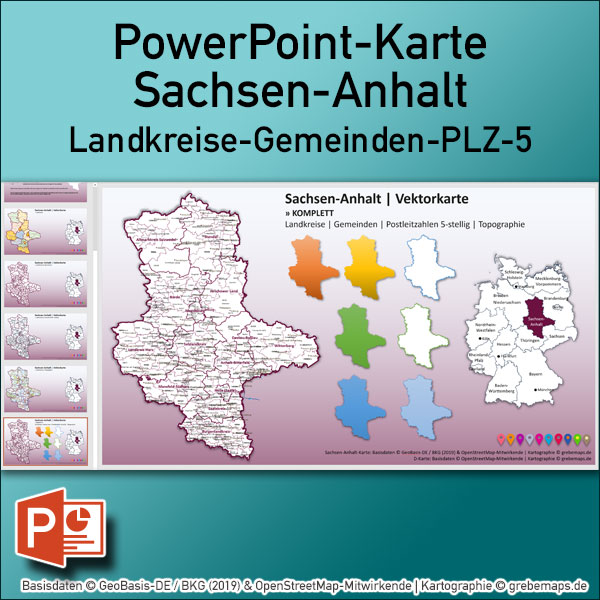 PowerPoint-Karte Sachsen-Anhalt Gemeinden Landkreise Postleitzahlen PLZ-5 / Basiskarte aus Vektordaten einfärbbar bearbeitbar – mit Deutschlandkarte