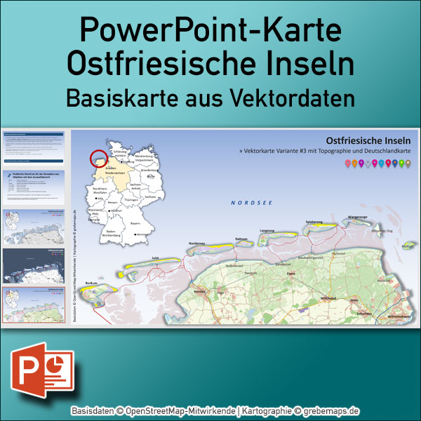 PowerPoint-Karte Ostfriesische Inseln – Basiskarte aus Vektordaten ebenen-separiert editierbar einfärbbar- mit Deutschlandkarte