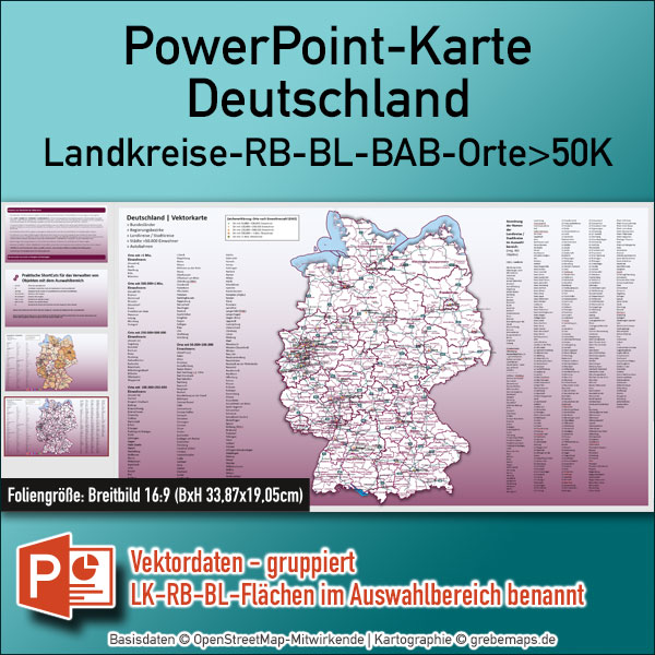 PowerPoint-Karte Deutschland Landkreise Regierungsbezirke Bundesländer Autobahnen Städte>50K Vektorkarte