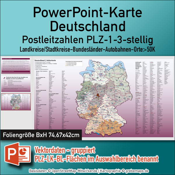 PowerPoint-Karte Deutschland Postleitzahlen PLZ-1-3 Bundesländer Landkreise Autobahnen Städte>50K Vektorkarte