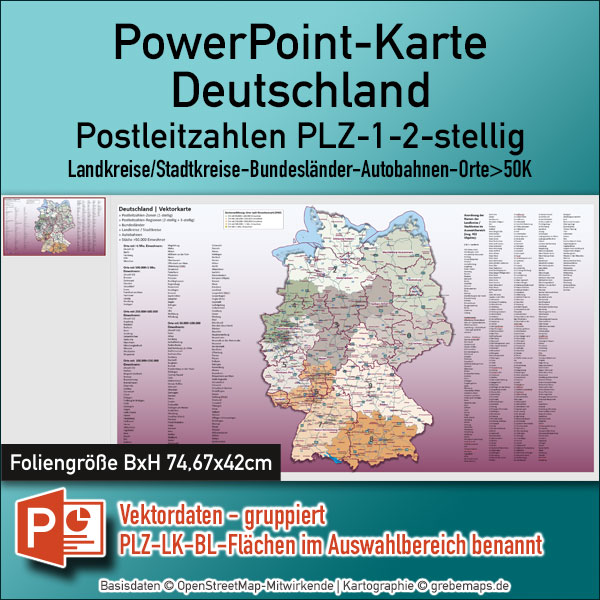 PowerPoint-Karte Deutschland Postleitzahlen PLZ-1-2 Landkreise Bundesländer Autobahnen Städte>50K Vektorkarte