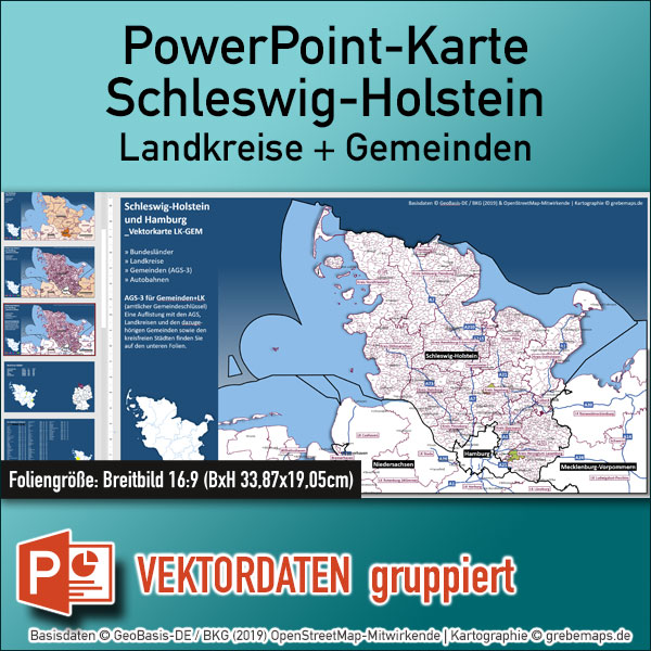 PowerPoint-Karte Schleswig-Holstein Gemeinden Landkreise / Basiskarte aus Vektordaten einfärbbar bearbeitbar – mit Deutschlandkarte