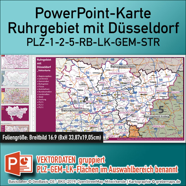 PowerPoint-Karte Ruhrgebiet mit Düsseldorf Postleitzahlen 1-2-5-stellig Gemeinden Landkreise Regierungsbezirke Autobahnen einfärbbar bearbeitbar download – mit Deutschlandkarte