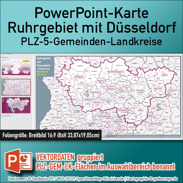 PowerPoint-Karte Ruhrgebiet mit Düsseldorf Postleitzahlen 5-stellig Gemeinden Landkreise einfärbbar bearbeitbar download – mit Deutschlandkarte