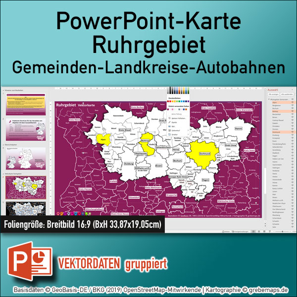 PowerPoint-Karte Ruhrgebiet Gemeinden Landkreise Autobahnen einfärbbar bearbeitbar download – mit Deutschlandkarte