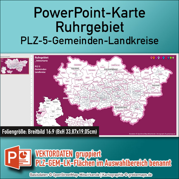 PowerPoint-Karte Ruhrgebiet Postleitzahlen PLZ 5-stellig Gemeinden Landkreise einfärbbar bearbeitbar download – mit Deutschlandkarte