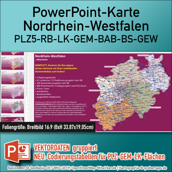 PowerPoint-Karte Nordrhein-Westfalen NRW Postleitzahlen 5-stellig Gemeinden Landkreise Regierungsbezirke Autobahnen einfärbbar bearbeitbar download – mit Deutschlandkarte
