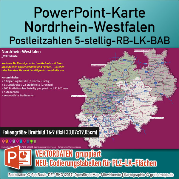 PowerPoint-Karte Nordrhein-Westfalen NRW Postleitzahlen PLZ 5-stellig Landkreise Regierungsbezirke Autobahnen einfärbbar bearbeitbar download – mit Deutschlandkarte