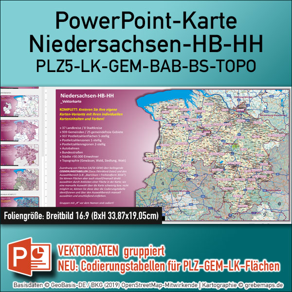 PowerPoint-Karte Niedersachsen Bremen Hamburg Postleitzahlen PLZ 5-stellig Gemeinden Landkreise Autobahnen einfärbbar bearbeitbar download – mit Deutschlandkarte