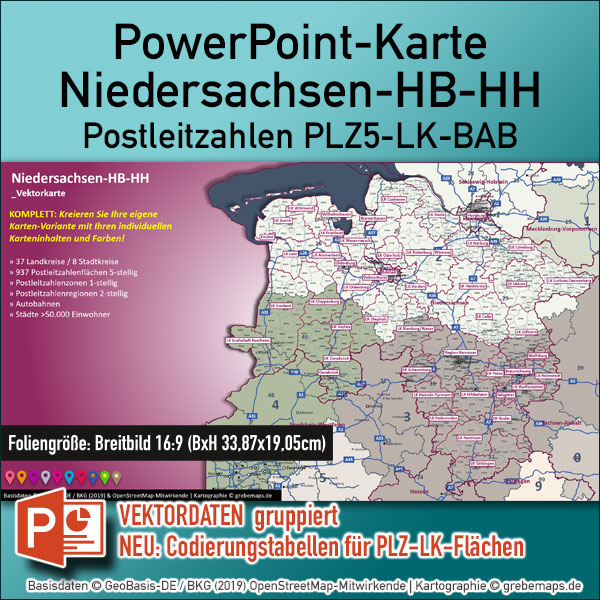 PowerPoint-Karte Niedersachsen Bremen Hamburg Postleitzahlen PLZ 5-stellig Landkreise Autobahnen einfärbbar bearbeitbar download – mit Deutschlandkarte