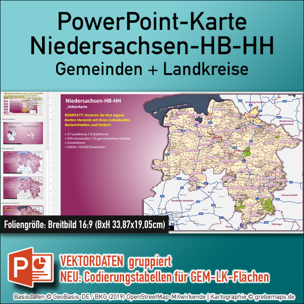 PowerPoint-Karte Niedersachsen Bremen Hamburg Gemeinden Landkreise Autobahnen einfärbbar bearbeitbar download – mit Deutschlandkarte