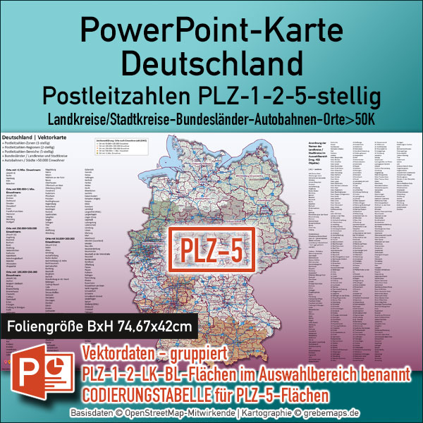 PowerPoint-Karte Deutschland Postleitzahlen 5-stellig PLZ-1-2-5 Landkreise Bundesländer Autobahnen Städte>50K | komplexe Vektorkarte