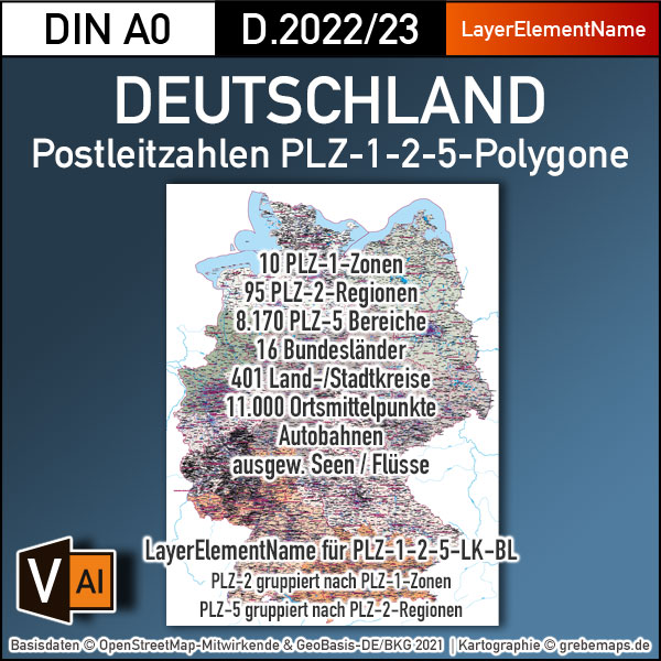 Deutschland Postleitzahlen Karte PLZ-1-2-5 (1-/2-/5-stellig) mit Landkreisen Ortsmittelpunkten Autobahnen Vektorkarte (2022/23)