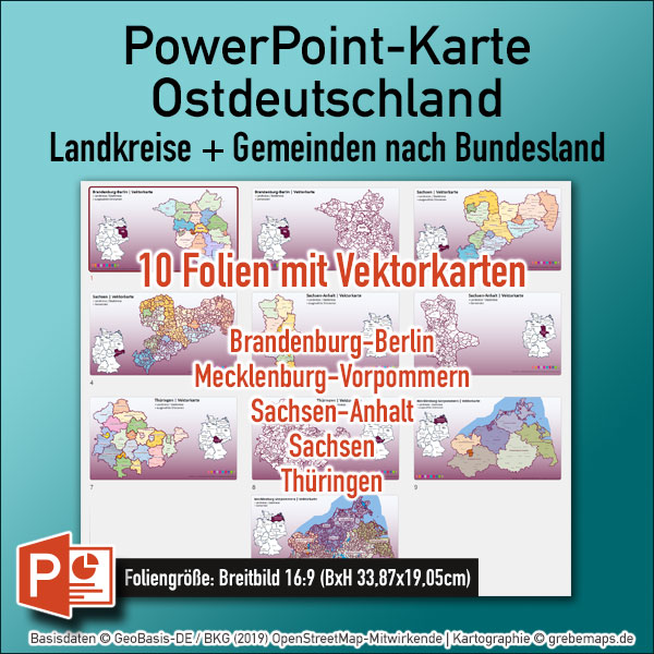 PowerPoint-Karte Ostdeutschland Gemeinden Landkreise nach Bundesland – Brandenburg-Berlin Sachsen/-Anhalt Mecklenburg-Vorpommern Thüringen Vektorkarten