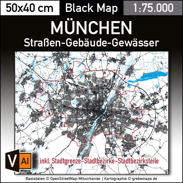 München Landkarte Straßen-Gebäude-Gewässer-Stadtgrenze-Stadtteile | Black Map | Vektorkarte