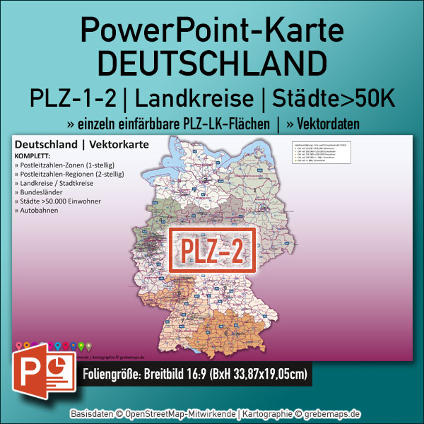 PowerPoint-Karte Deutschland Postleitzahlen PLZ-2 Bundesländer Landkreise Autobahnen Städte>50K Vektorkarte