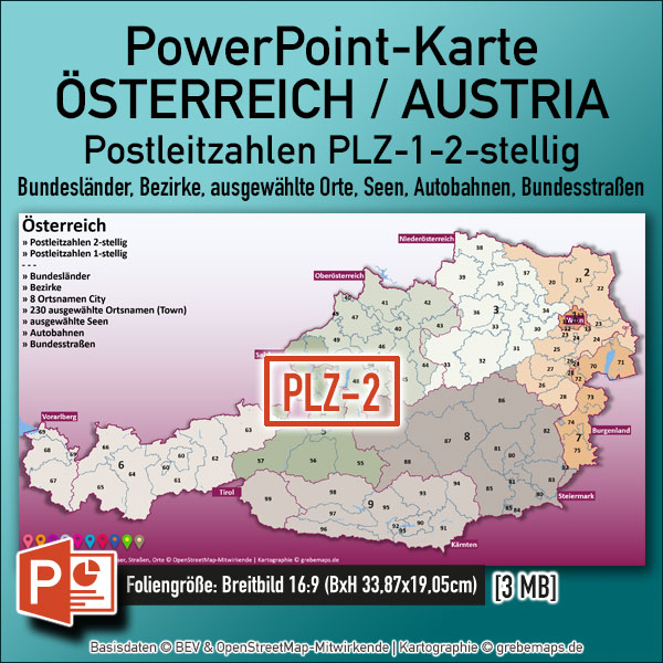 PowerPoint-Karte Österreich Austria Postleitzahlen PLZ-2 + Bezirke + Bundesländer Vektorkarte