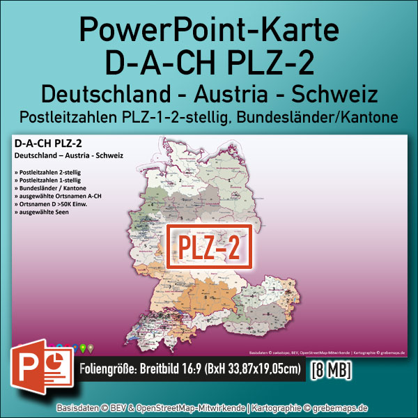 PowerPoint-Karte D-A-CH Postleitzahlen PLZ-2 Deutschland Austria-Österreich Schweiz Vektorkarte