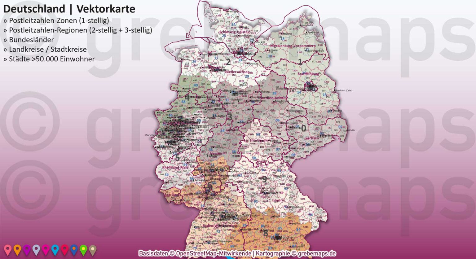 Deutschland PowerPoint-Karte Postleitzahlen PLZ-1-2-3 Landkreise