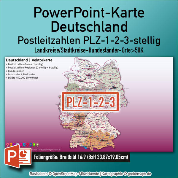 PowerPoint-Karte Deutschland Postleitzahlen PLZ-1-2-3 Bundesländer Landkreise Städte>50K Vektorkarte