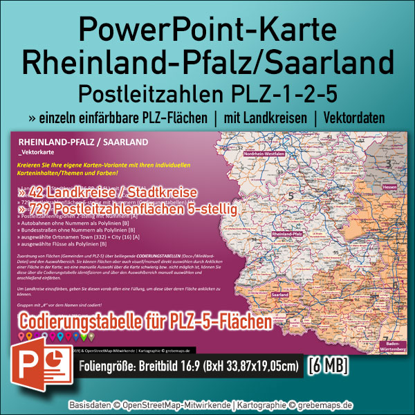 PowerPoint-Karte Rheinland-Pfalz / Saarland Postleitzahlen PLZ 1-2-5 Landkreise einfärbbar bearbeitbar download – mit Deutschlandkarte