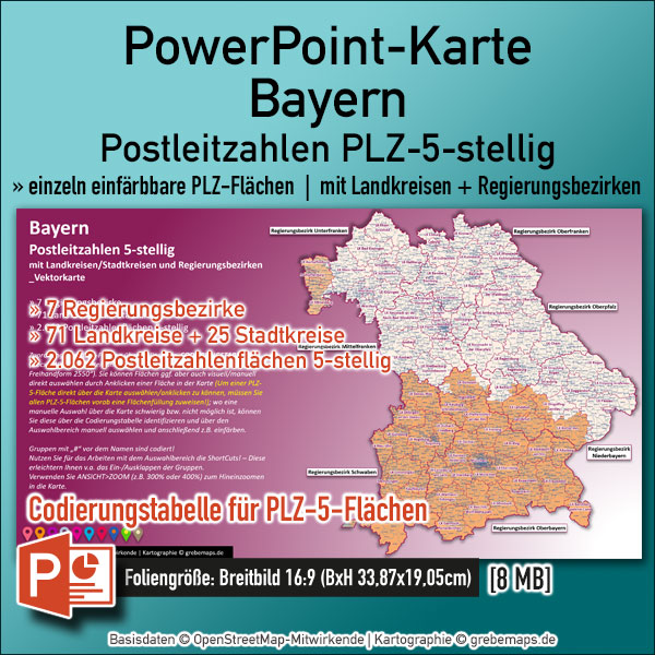 PowerPoint-Karte Bayern Postleitzahlen PLZ 5-stellig Landkreise Regierungsbezirke einfärbbar bearbeitbar download – mit Deutschlandkarte