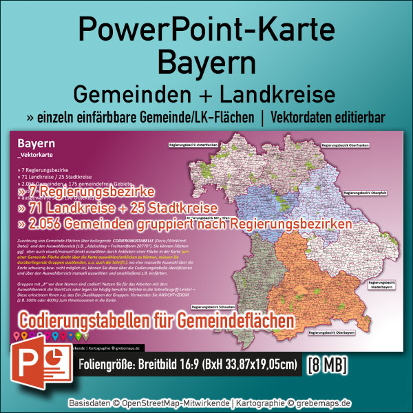PowerPoint-Karte Bayern Gemeinden Landkreise Regierungsbezirke einfärbbar bearbeitbar download – mit Deutschlandkarte