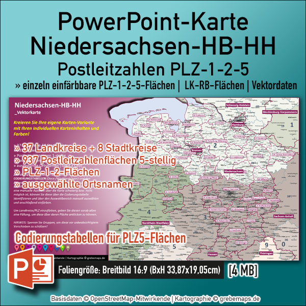 PowerPoint-Karte Niedersachsen Bremen Hamburg Postleitzahlen PLZ 1-2-5-stellig Landkreise einfärbbar bearbeitbar download – mit Deutschlandkarte