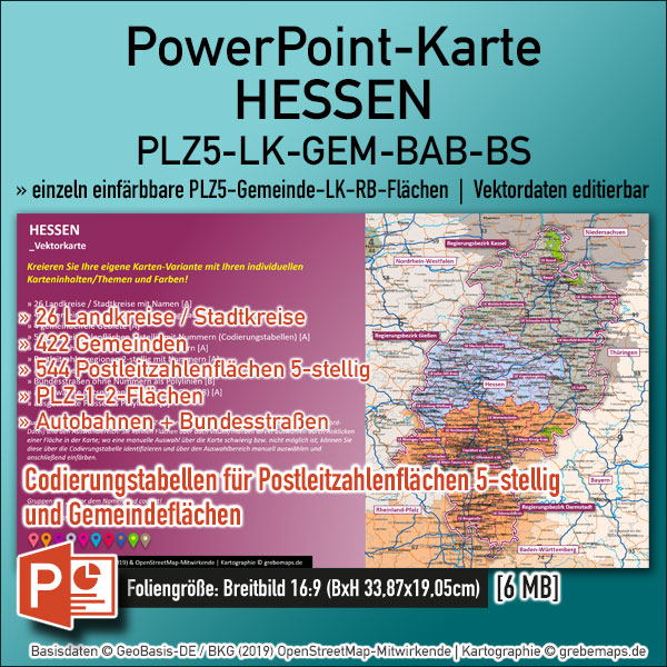 PowerPoint-Karte Hessen Postleitzahlen PLZ 5-stellig Gemeinden Landkreise Autobahnen einfärbbar bearbeitbar download – mit Deutschlandkarte